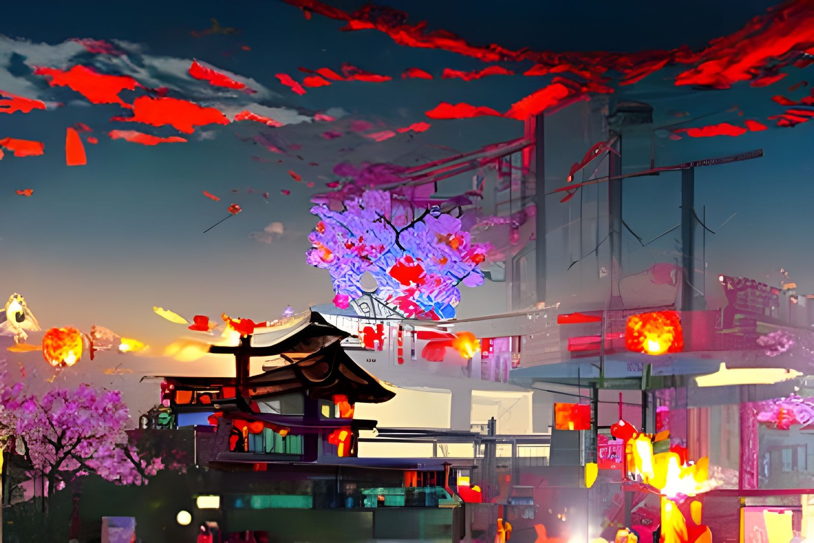 Cyberpunk Japan Sunset with Cherry Blossoms
