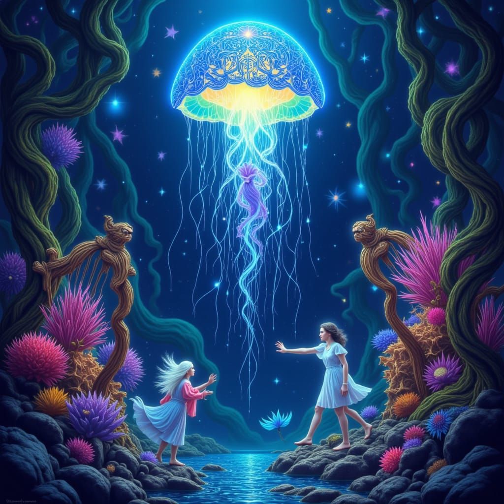 Bioluminescent Jellyfish with Celtic Knots in Psychedelic St...