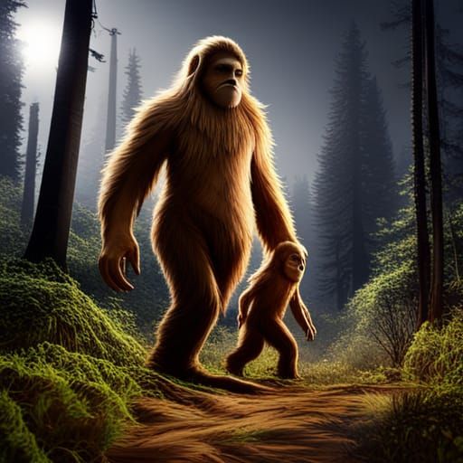 Bigfoot Family in Redwood Forest, Fantasy Concept Art