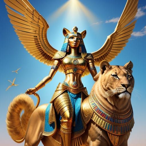 Egyptian Goddess Sekhmet Soars with Majestic Wings