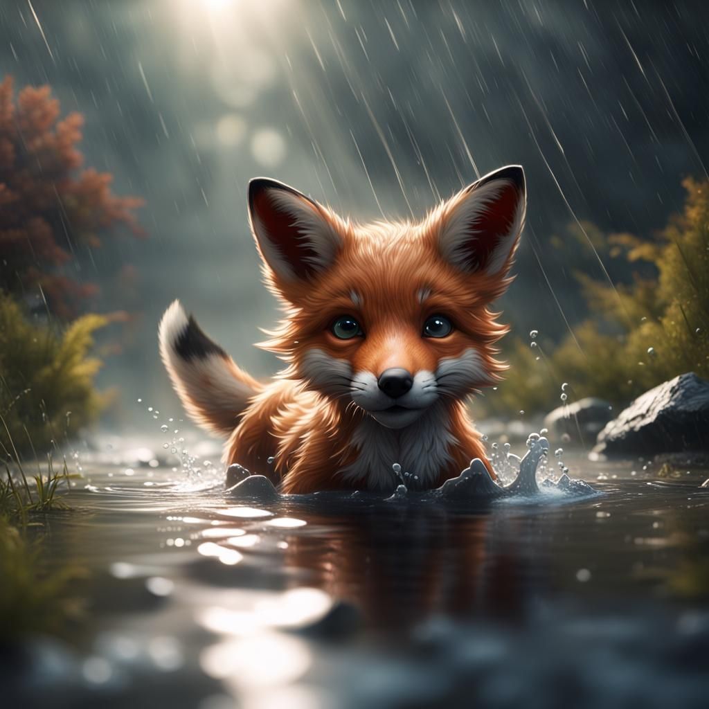 Fox Pup Swimming in Rainy Stream: Fantasy Concept Art