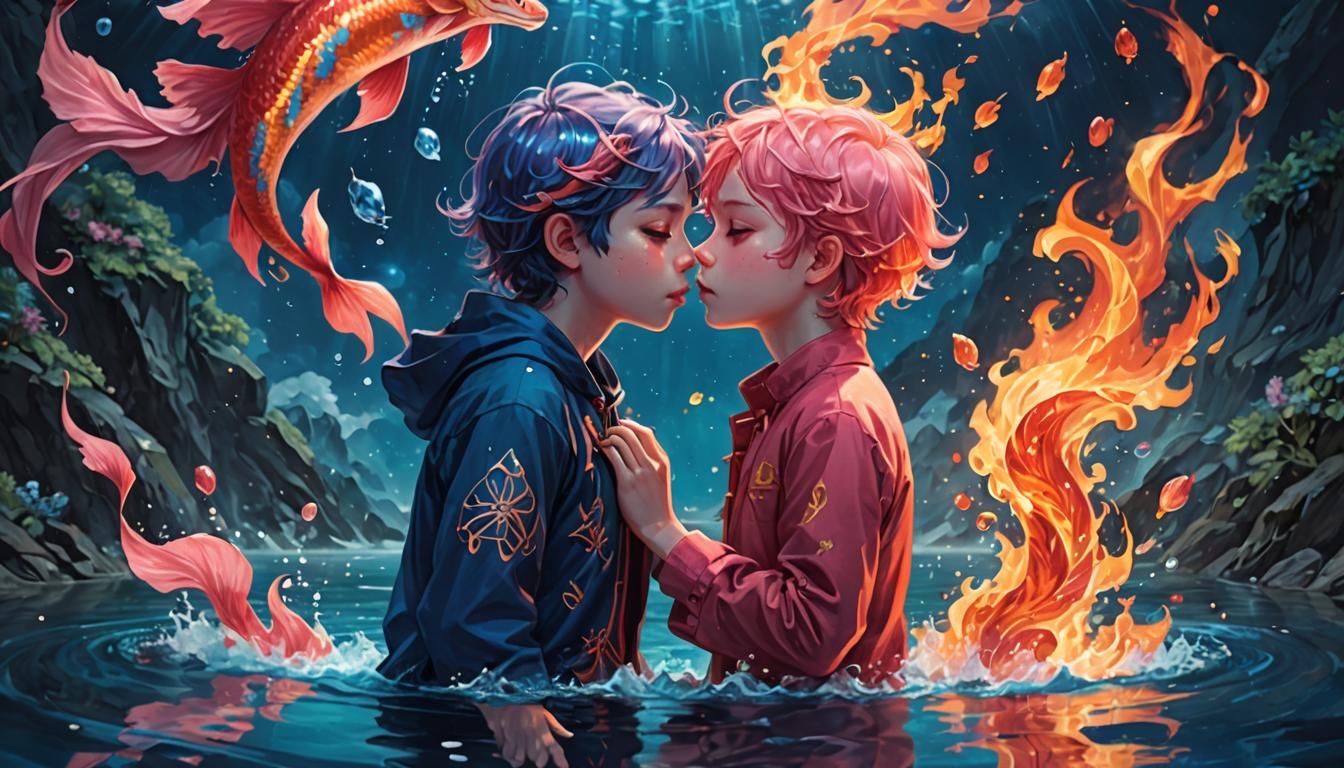 Divine Counterparts Kiss in Steamy Digital Art