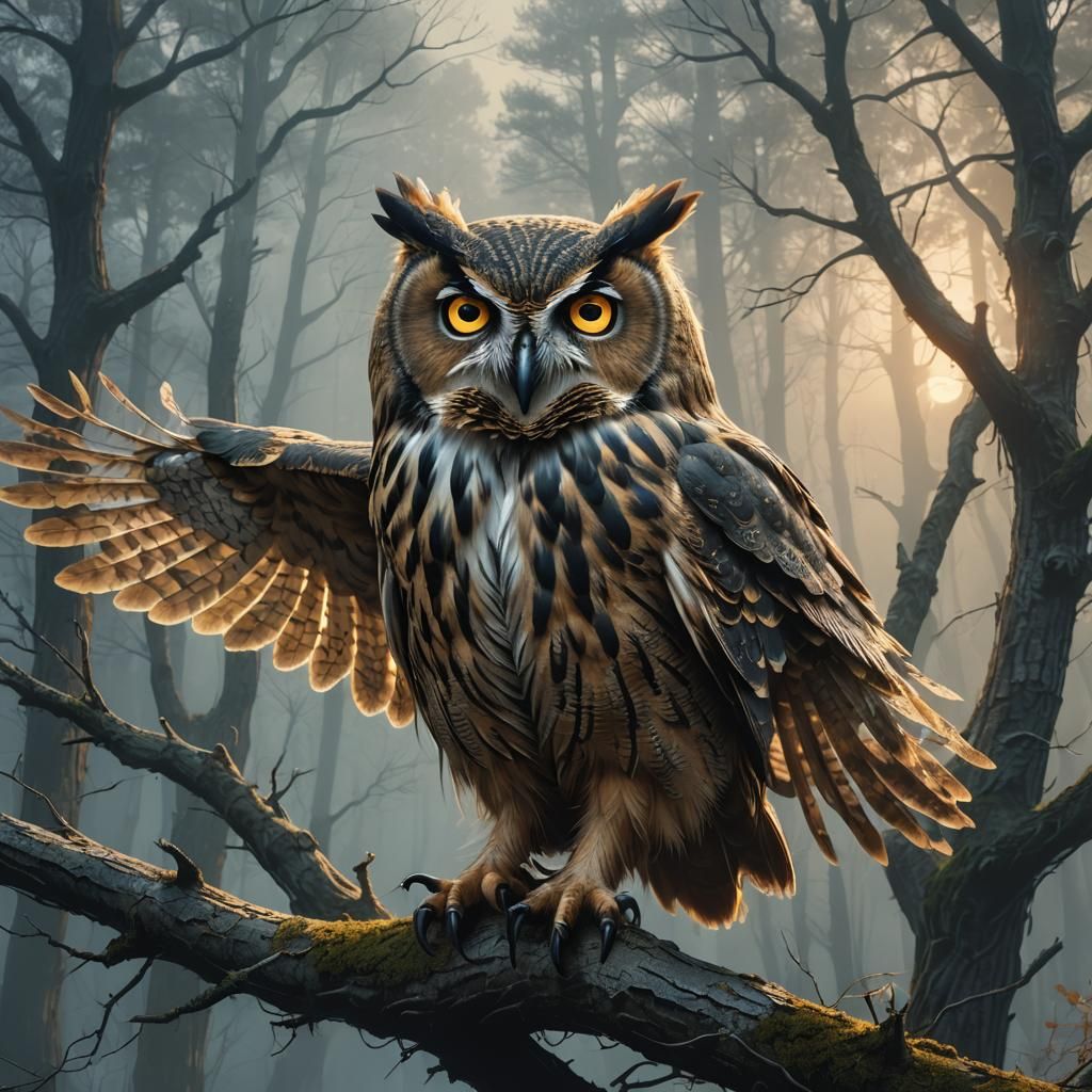 Majestic Owl in Misty Forest: Digital Matte Painting