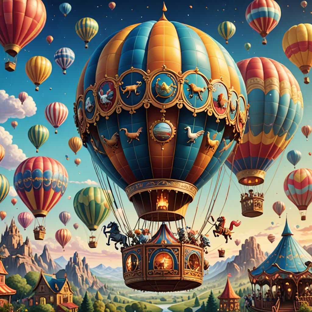 Carousel Hot Air Balloon Floating in Dreamlike Sky