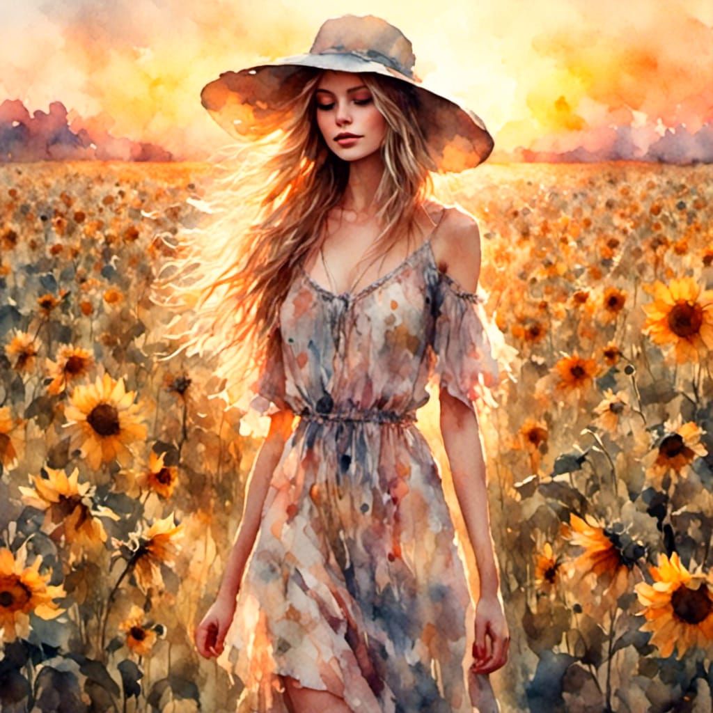 Woman in Sunflower Field: Antique Watercolor Style