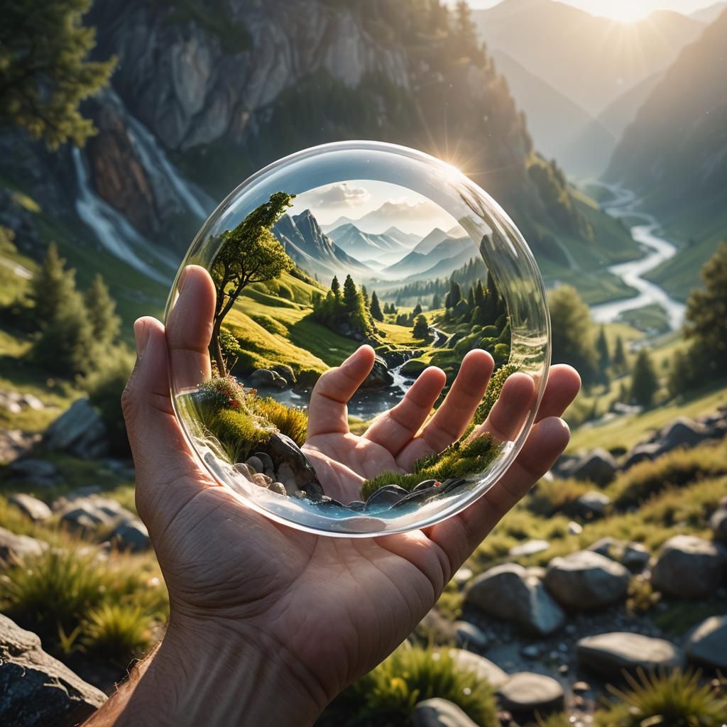 Miniature Valley in Glass Orb: Dreamlike Digital Art