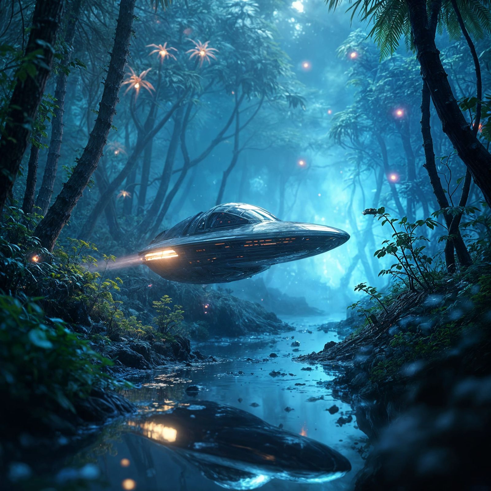Bioluminescent Alien Jungle Spacecraft in Digital Painting