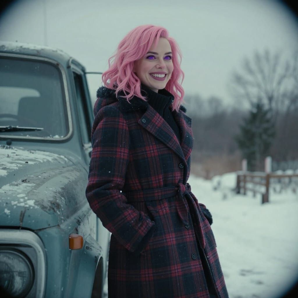 Woman in Winter Coat on Truck, Cinematic Film Still
