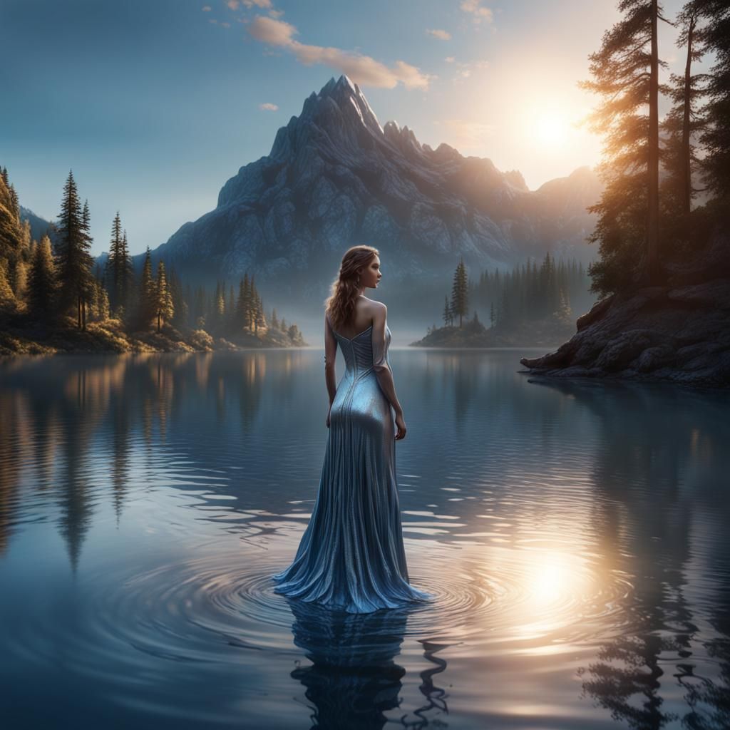 Sunrise Lake Woman in Liquid Gown