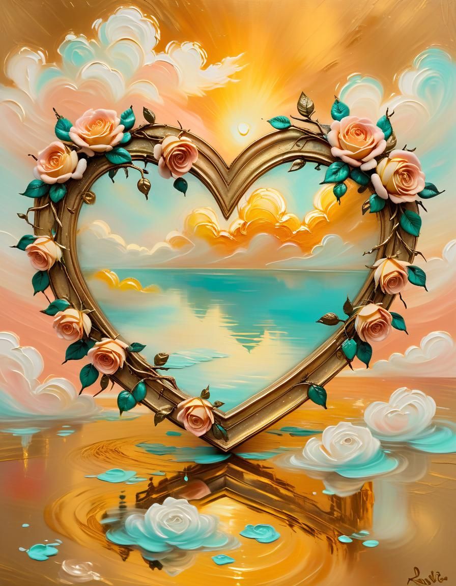 Romantic Oil Painting of Heart-Shaped Rose Frame