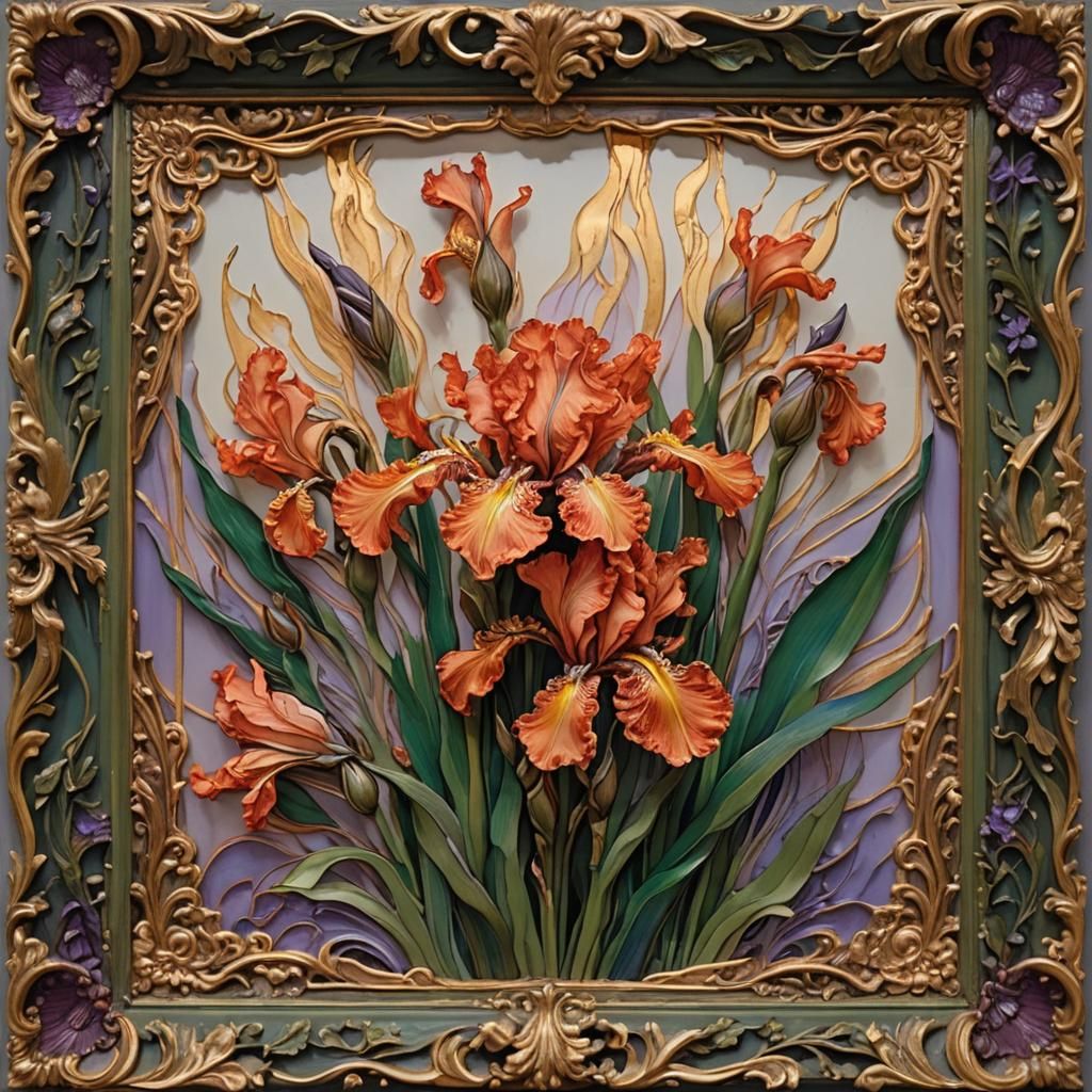 Fiery 3D Scene with Red Irises and Gold Accents