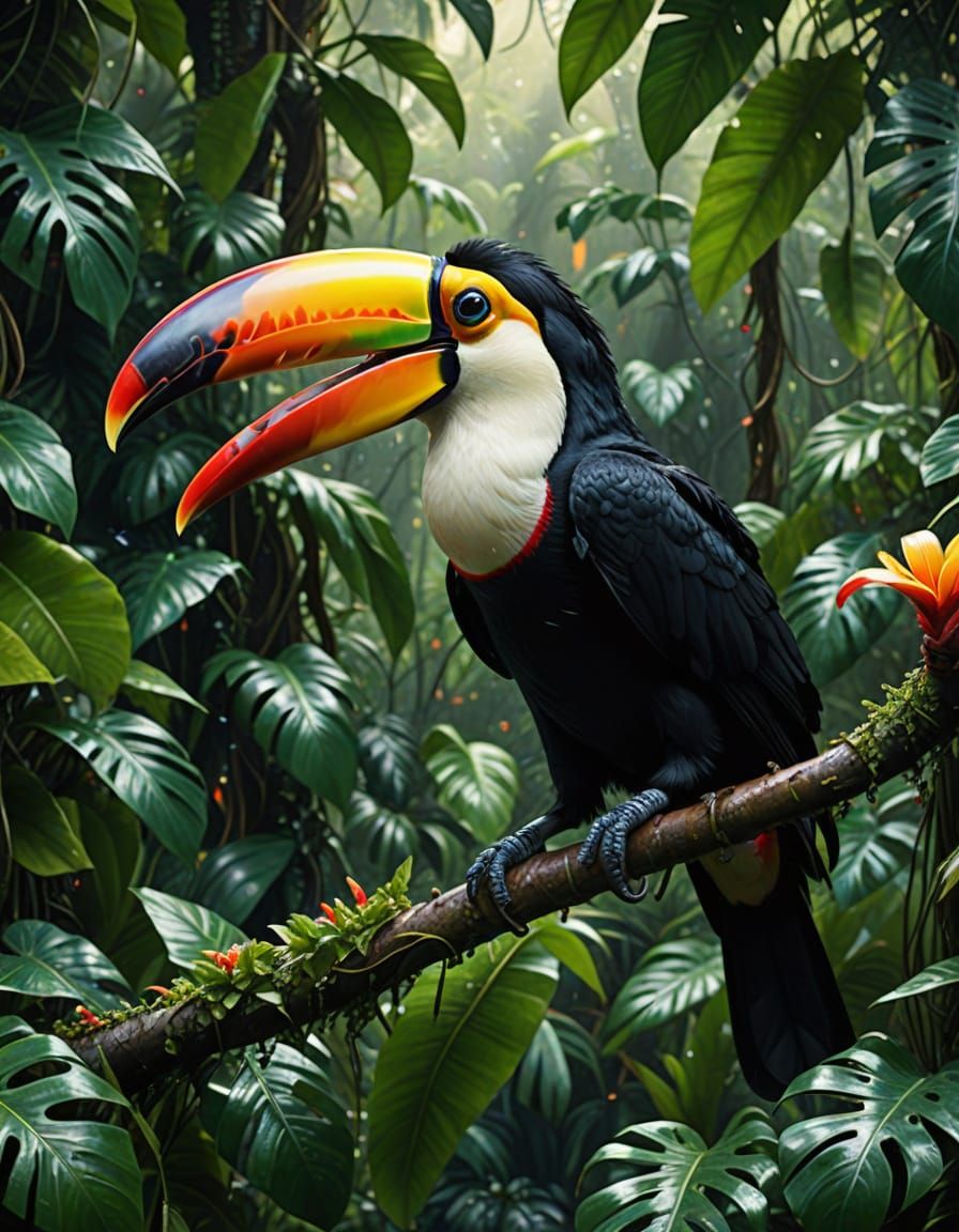 Toucan Perched Amidst Rainforest Canopy in Hyperrealistic De...