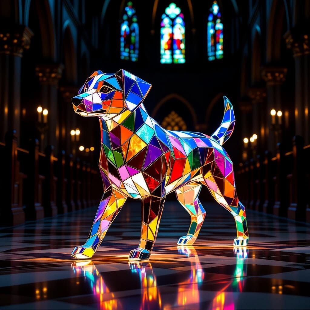 Stained Glass Dog in Candlelit Chapel