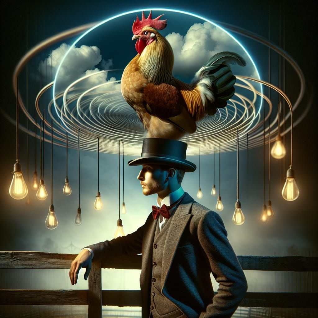 Surreal Gentleman and Chicken in Photorealistic Setting