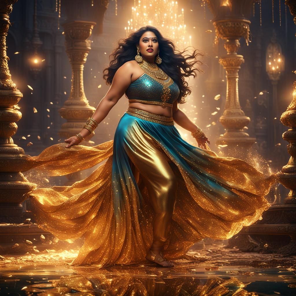 Indian Actress in Golden Satin: Detailed Matte Painting