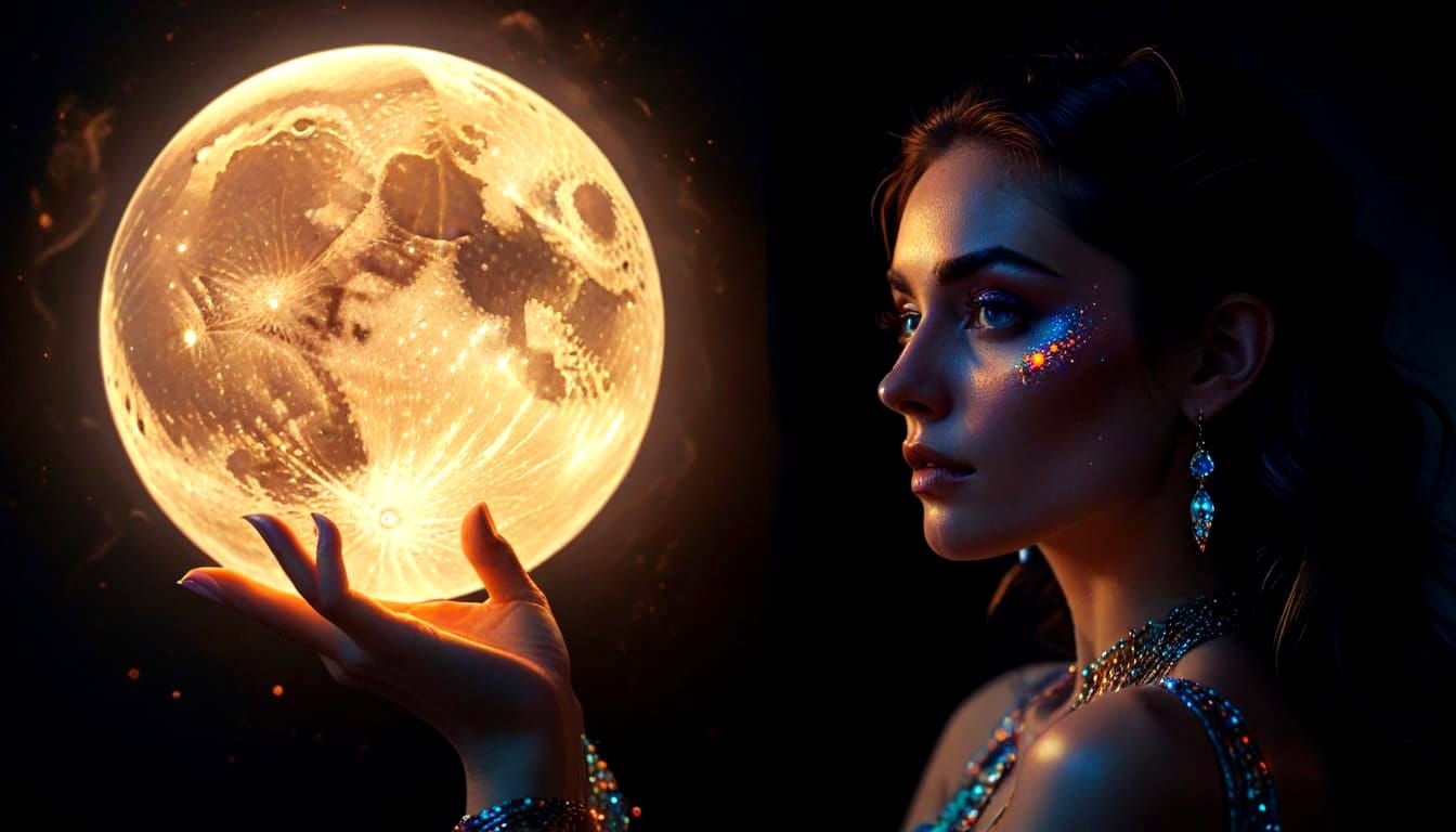 Glamorous Woman Holding the Moon in Dreamy Photo