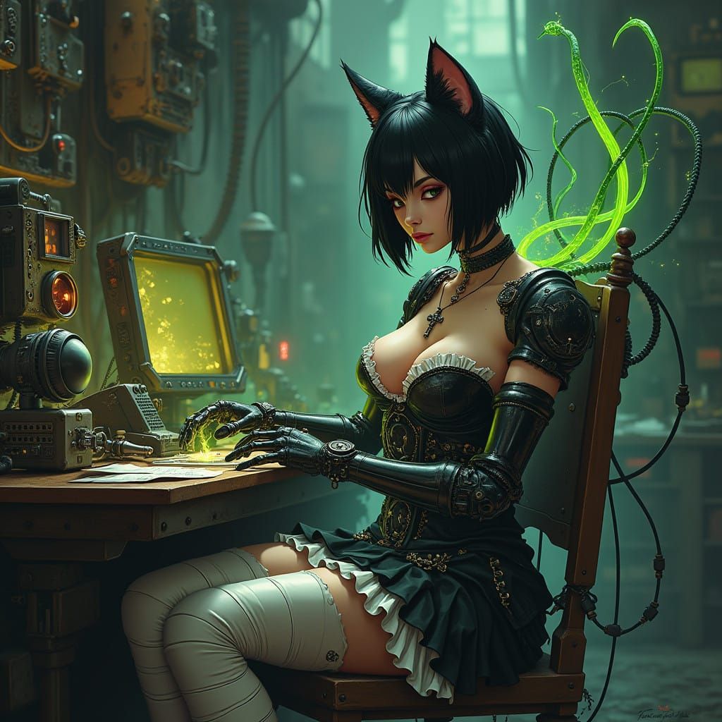Cyberpunk Catgirl Tinkerer Amidst Eldritch Tech