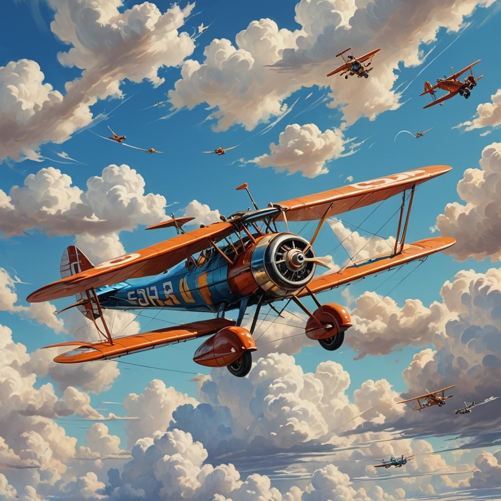 Boy Flies Biplane in Whimsical Digital Painting