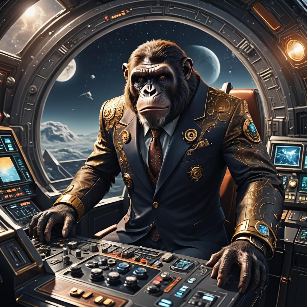 Ape in Business Suit Driving Spaceship to Moon