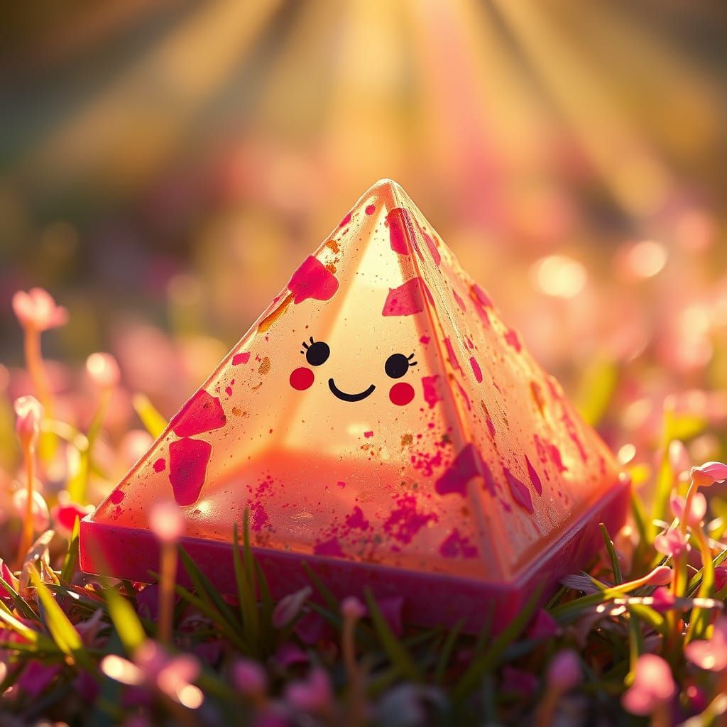 Smiling Pyramid in Plastic Meadow, Hyperrealistic Style