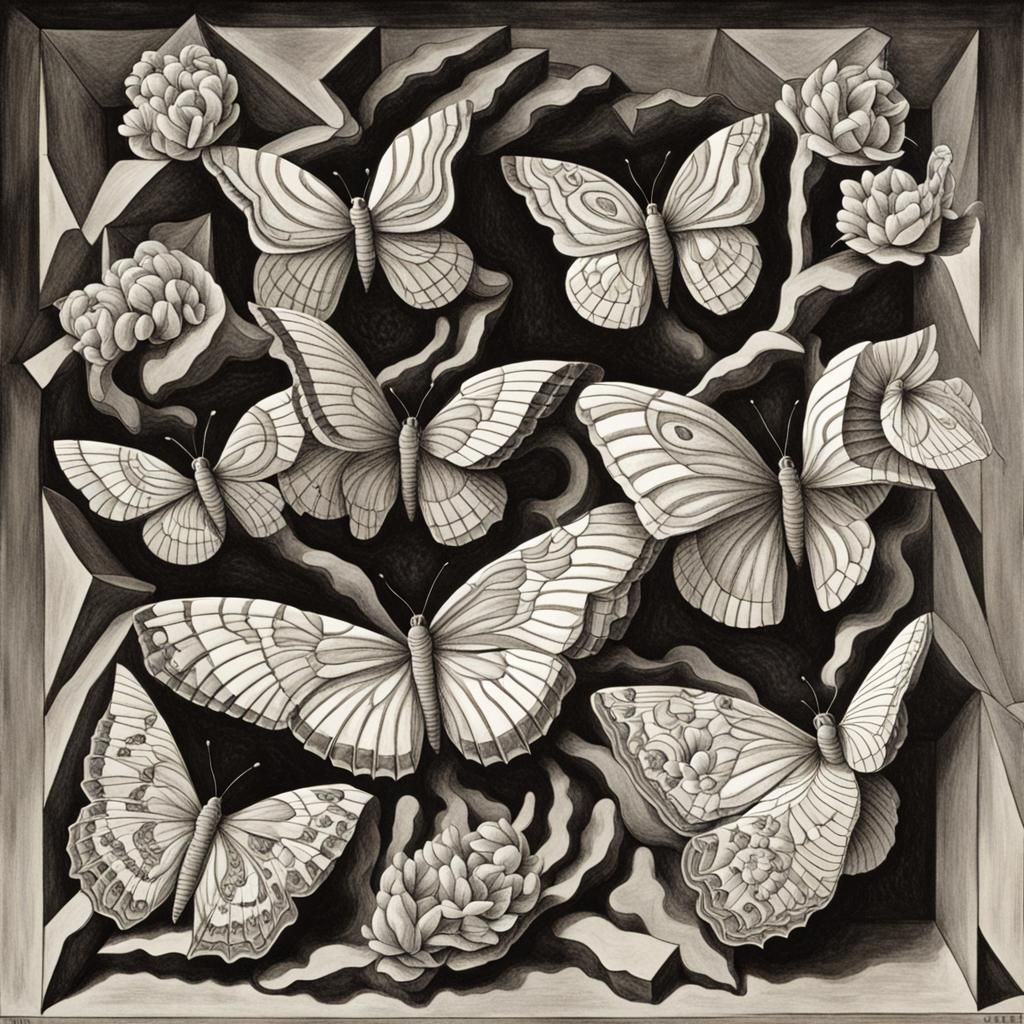 Butterflies Evolving into Flowers in Escher Style
