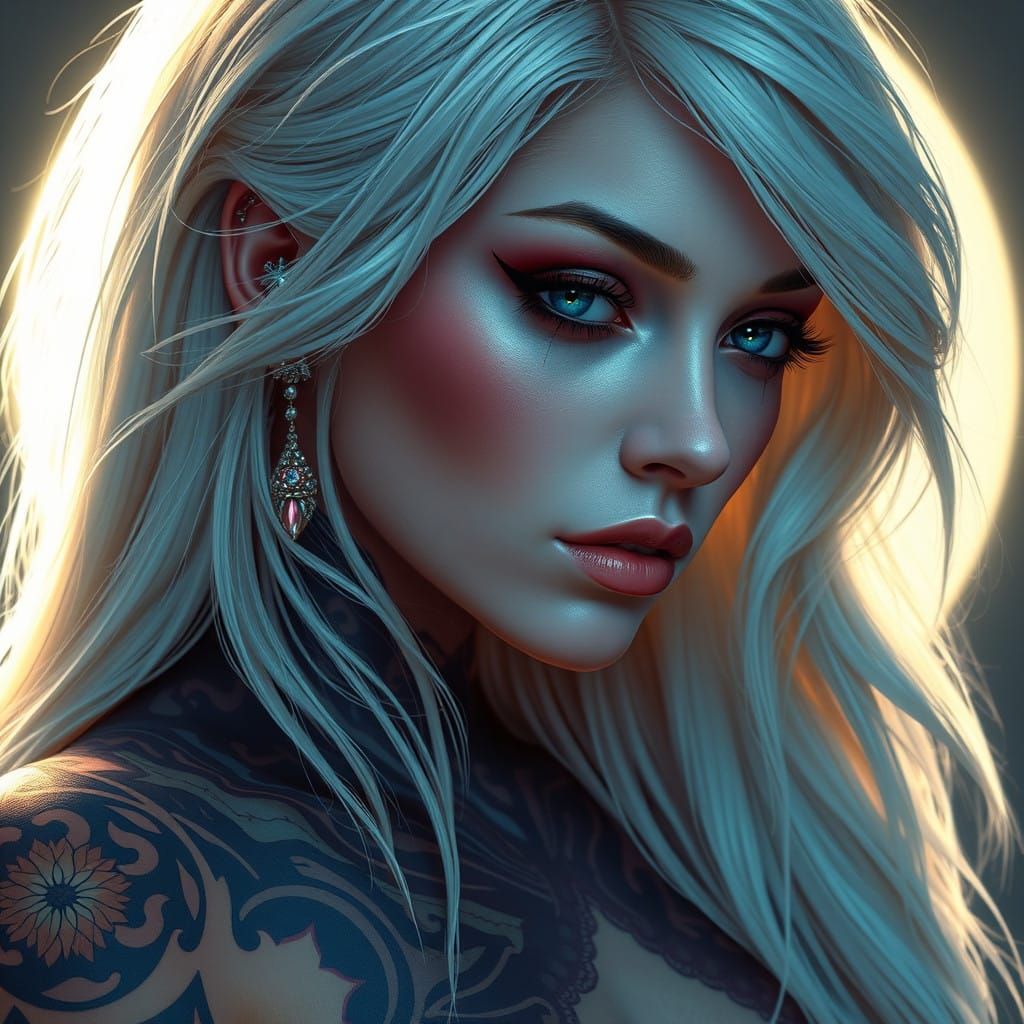 Enigmatic Tattooed Woman with Mystical Aura