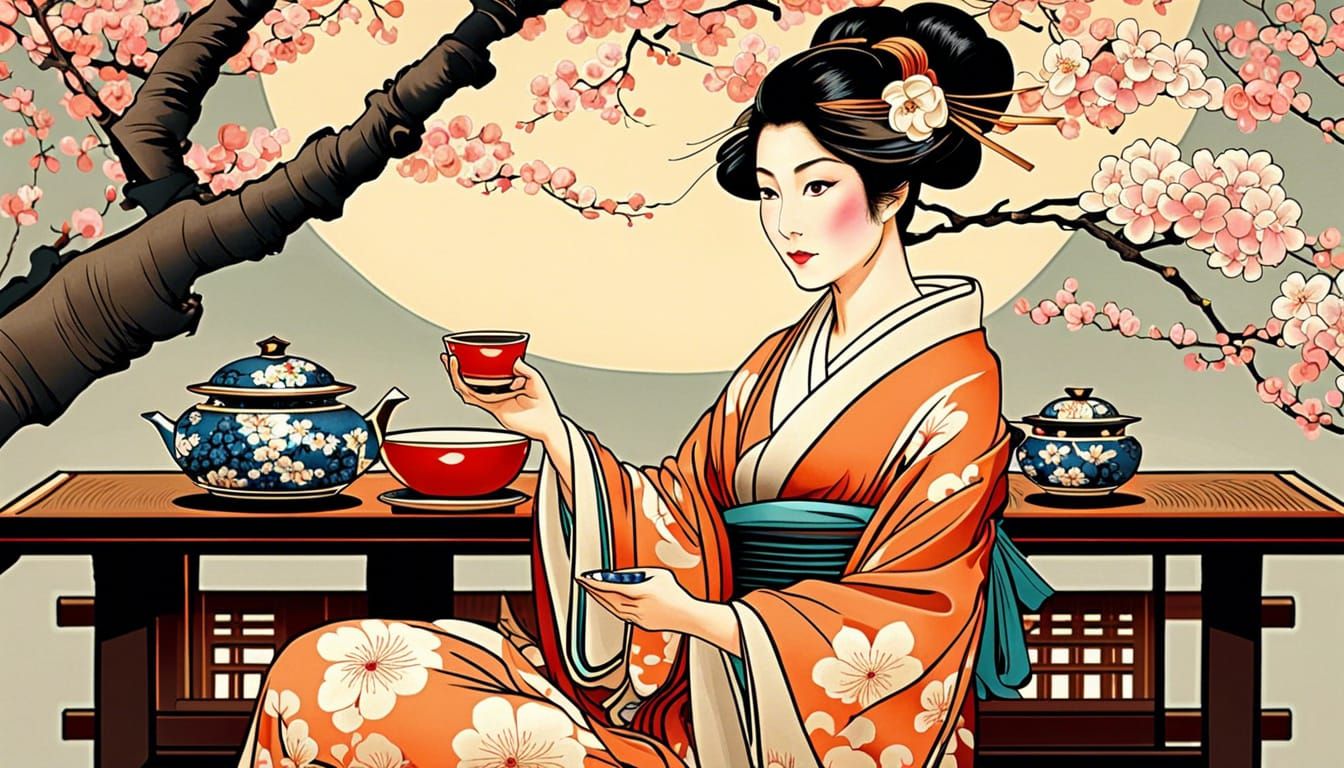 Japanese Beauty at Tea Ceremony in Art Nouveau Style