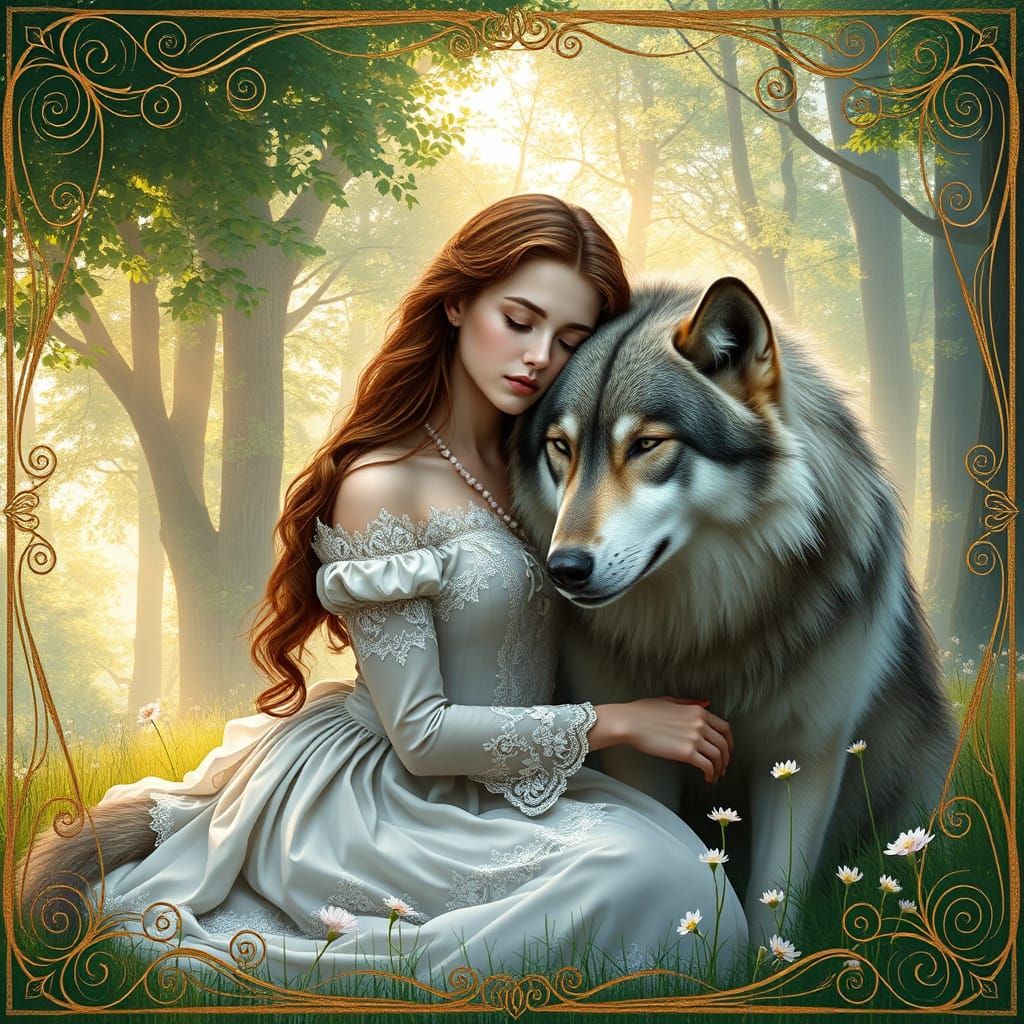 Serene Victorian Beauty with Gentle Wolf in Enchanted Forest