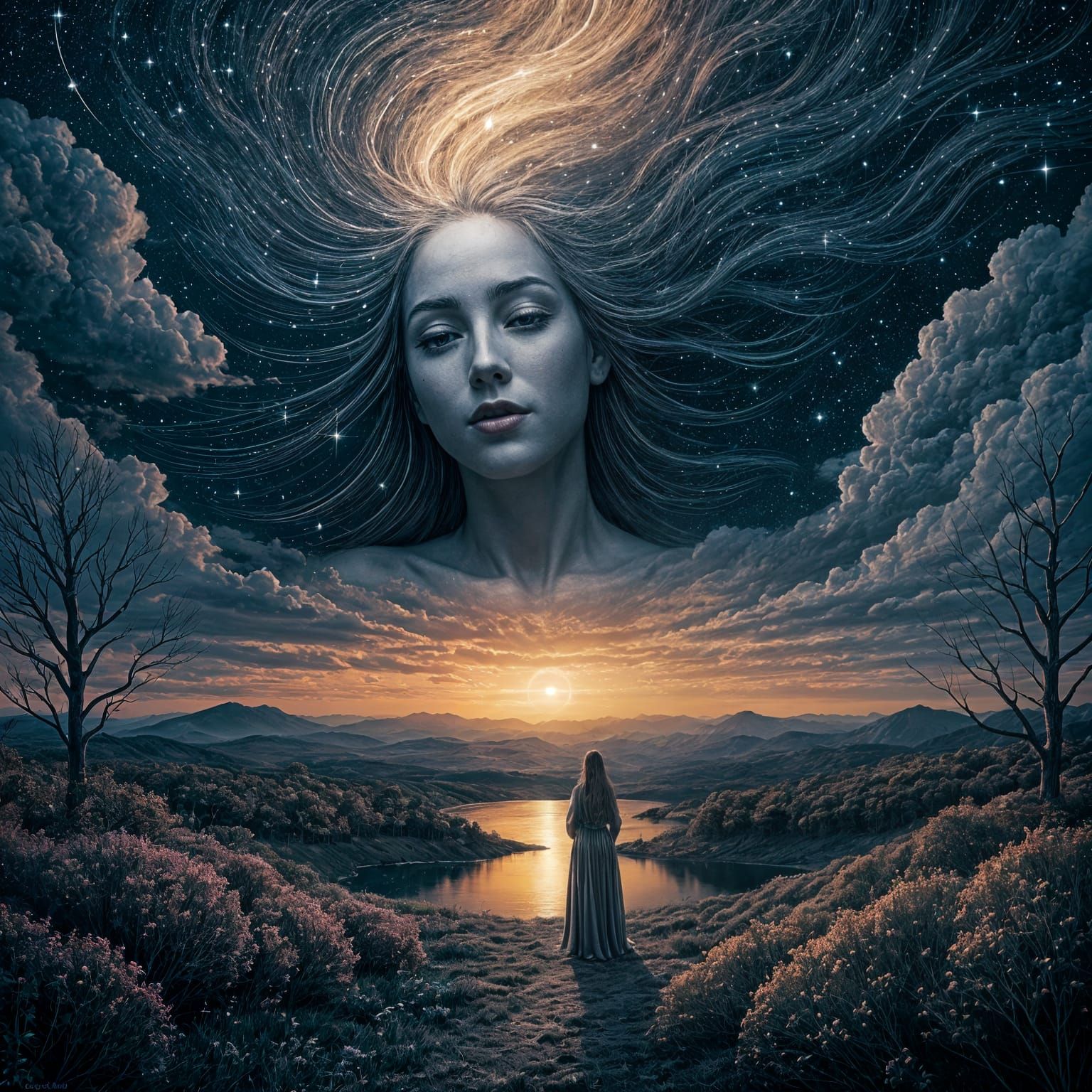 Ethereal Giantess Emerges from Dreamlike Starry Sky