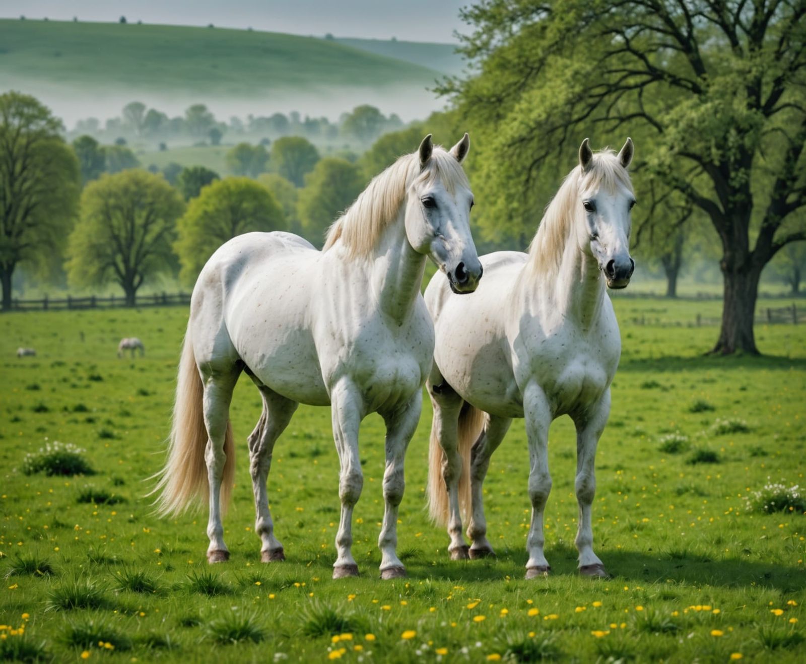 White Arabian Horses Grazing in Spring Meadow