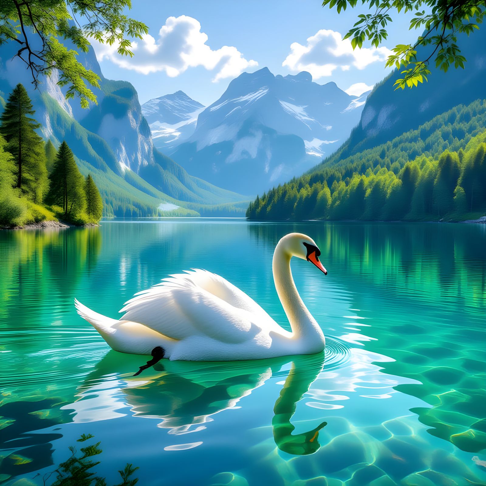 Swan on Crystal Lake with Mountain Backdrop