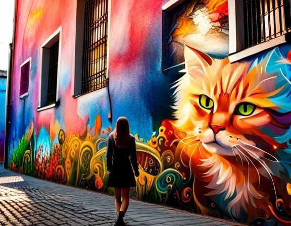 Girl Watching Cat Graffiti Art in Morning Light