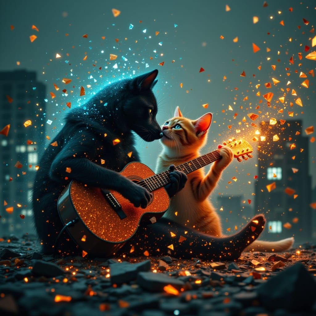 Cat and Dog Play Guitar on Rooftop in Surreal Style