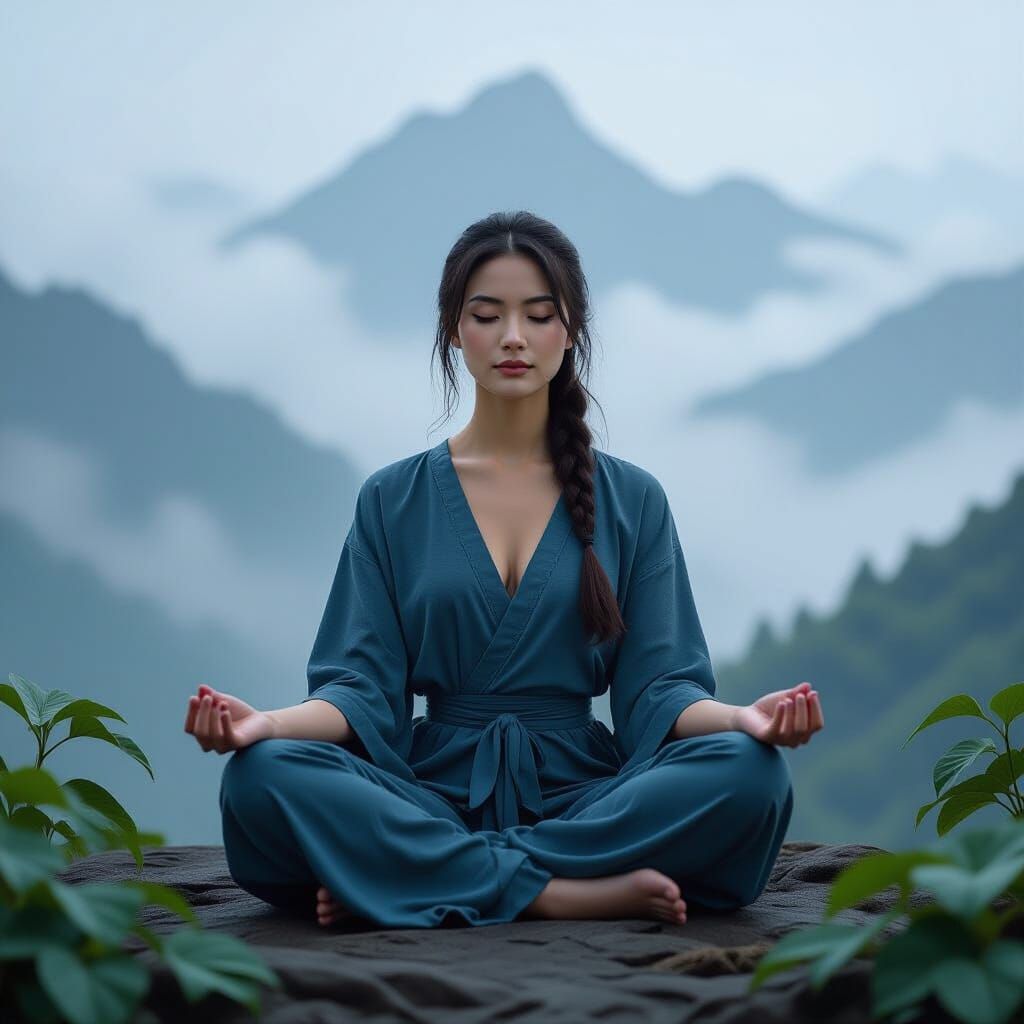 Meditating Woman in Misty Mountains: Fine Art Photograph