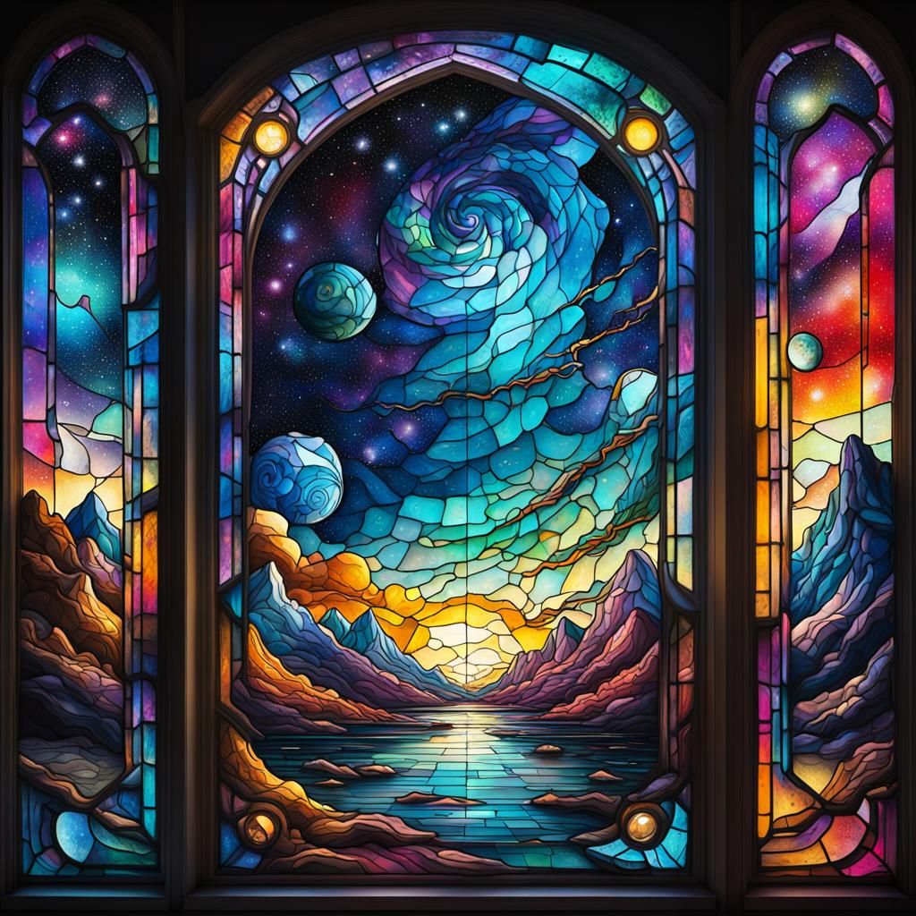 Stained Glass Window of the Milky Way in Graffiti Art