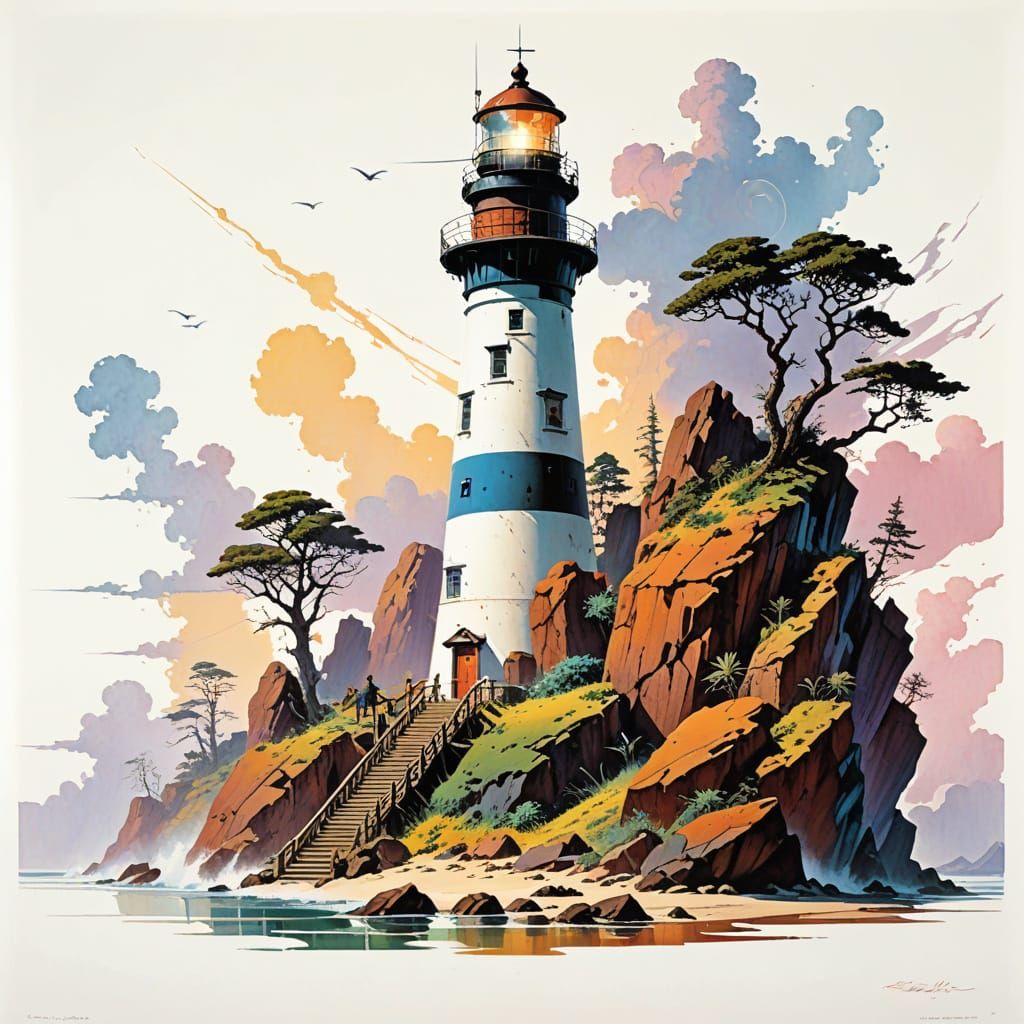Vibrant Psychedelic Lighthouse Scene in Retro Style