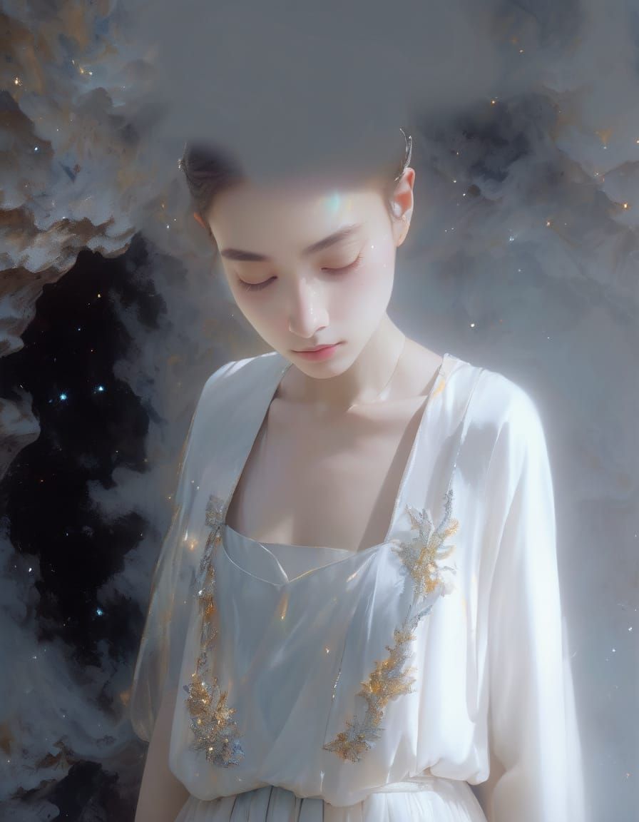 Ethereal Renaissance Woman Contemplates Cosmic Mirage