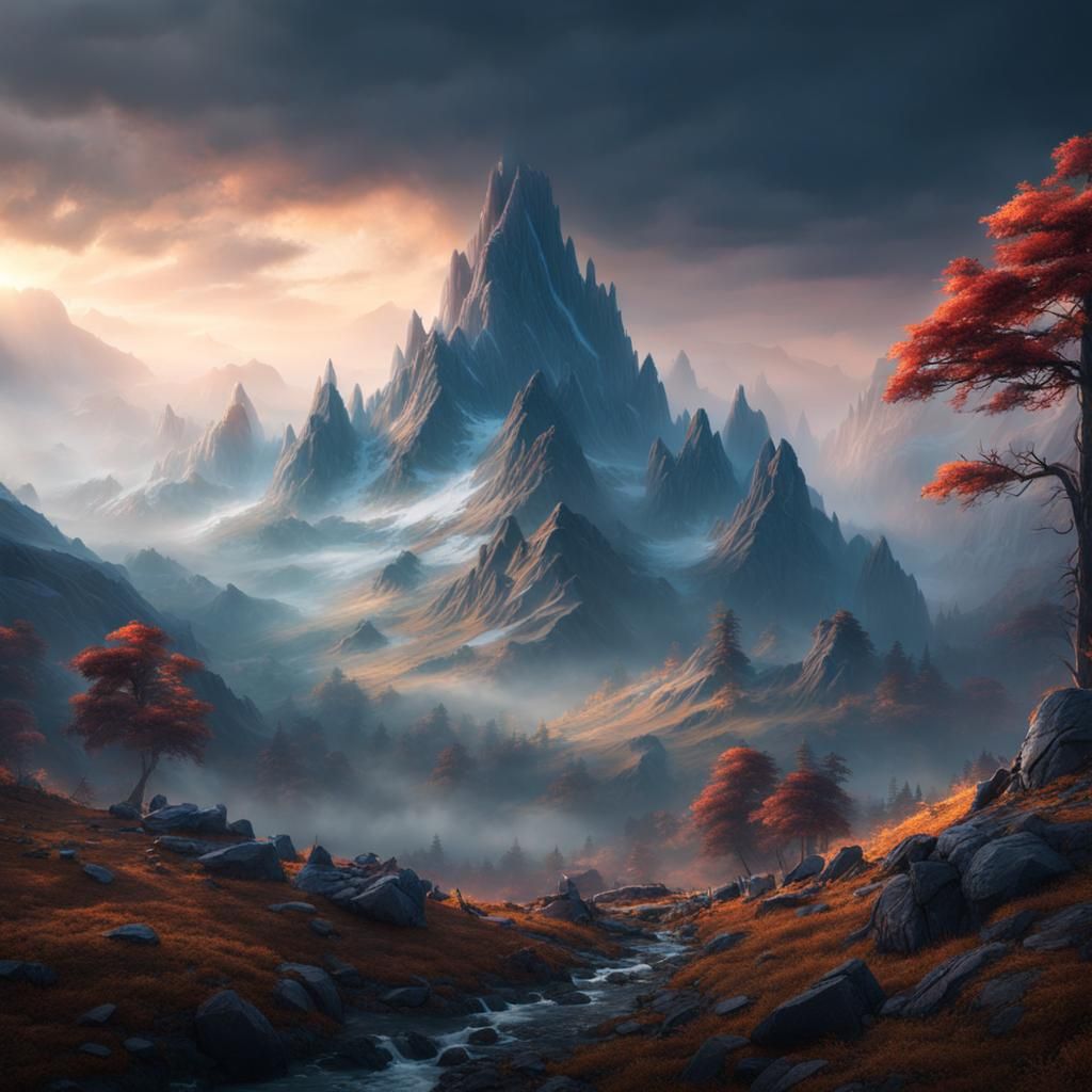 Misty Mountain Landscape in Detailed Matte Painting