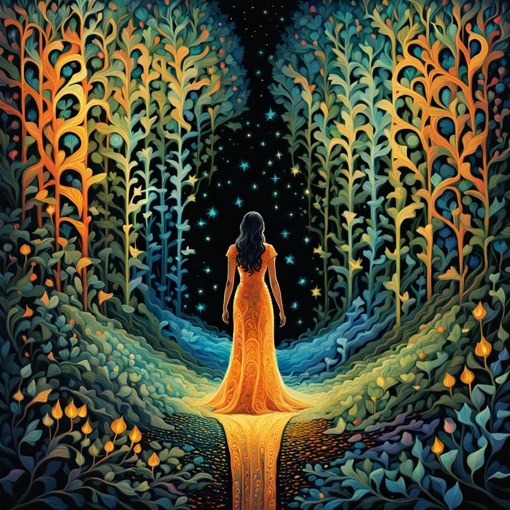 Woman in Bioluminescent Maze, Iridescent Ink Art