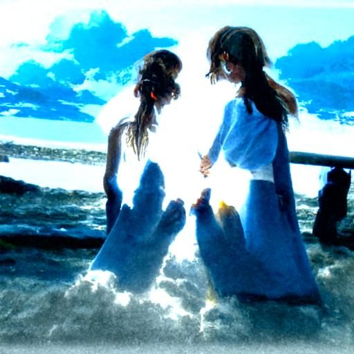 Girls Holding Hands in Sunshine by the Sea