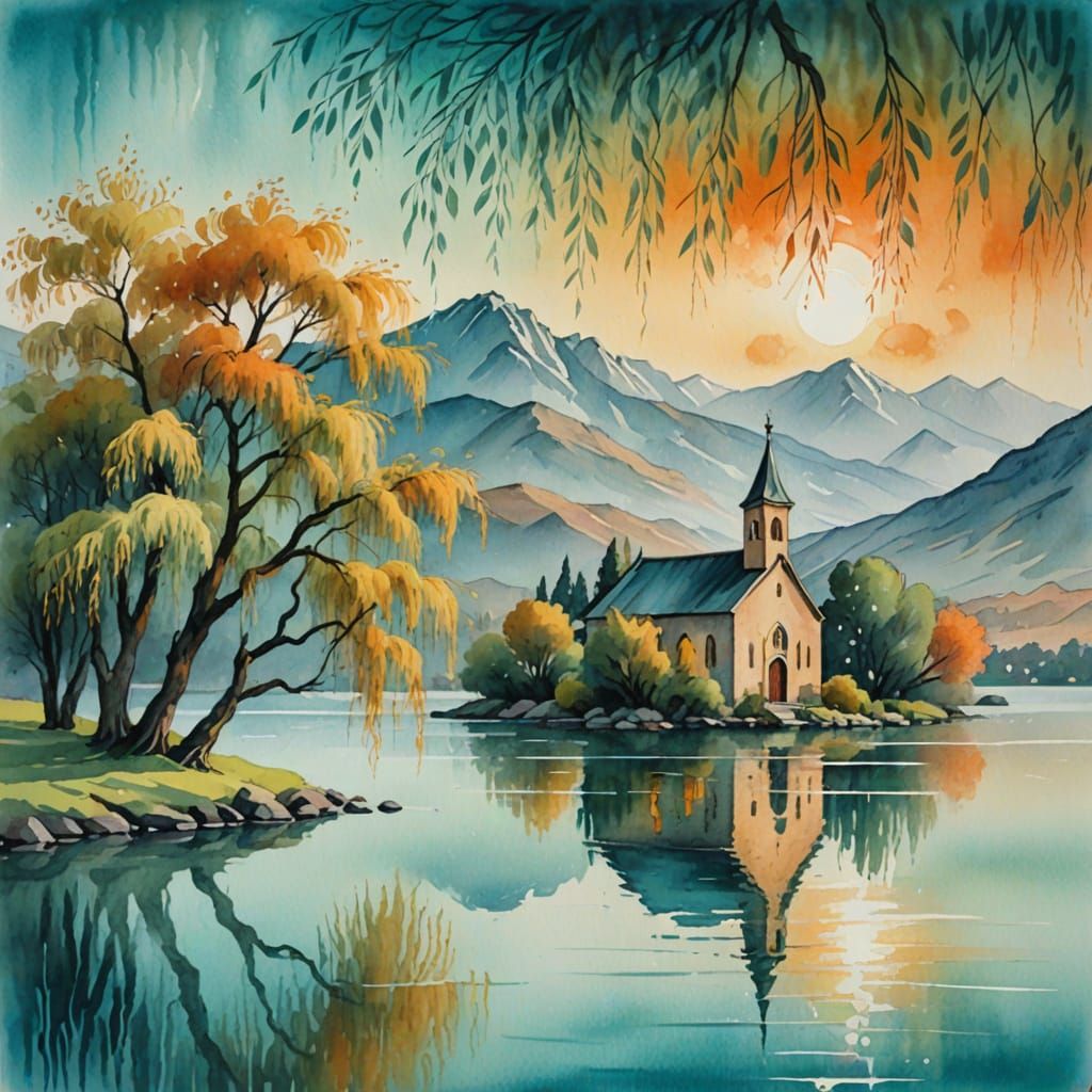 Watercolor Weeping Willow Tree by Lake