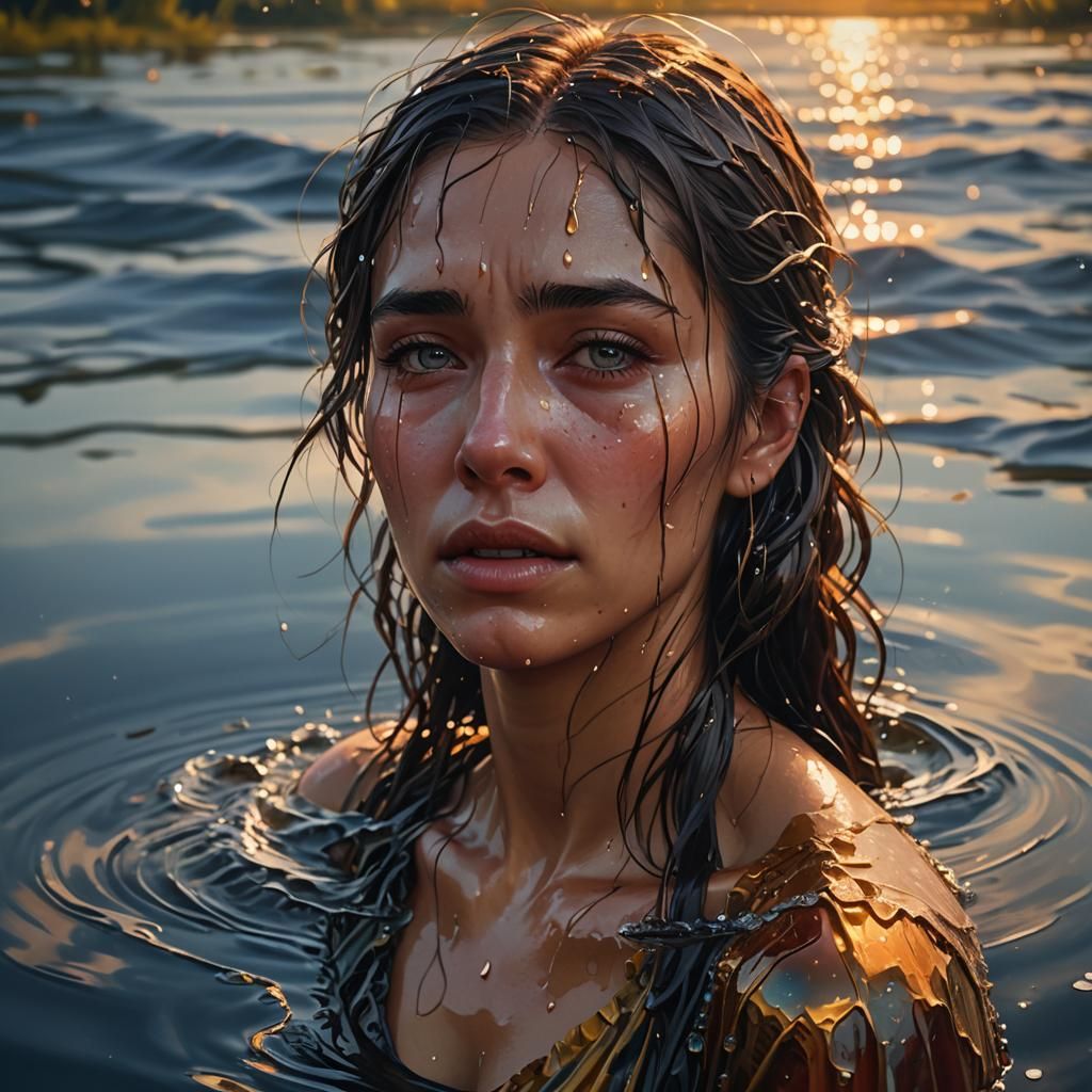 Woman's Tears Flood Landscape in Hyperrealistic Concept Art