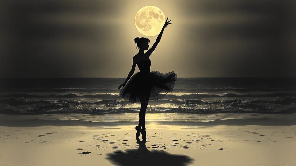 Ballet Dancer Silhouetted by Moonlight on Beach