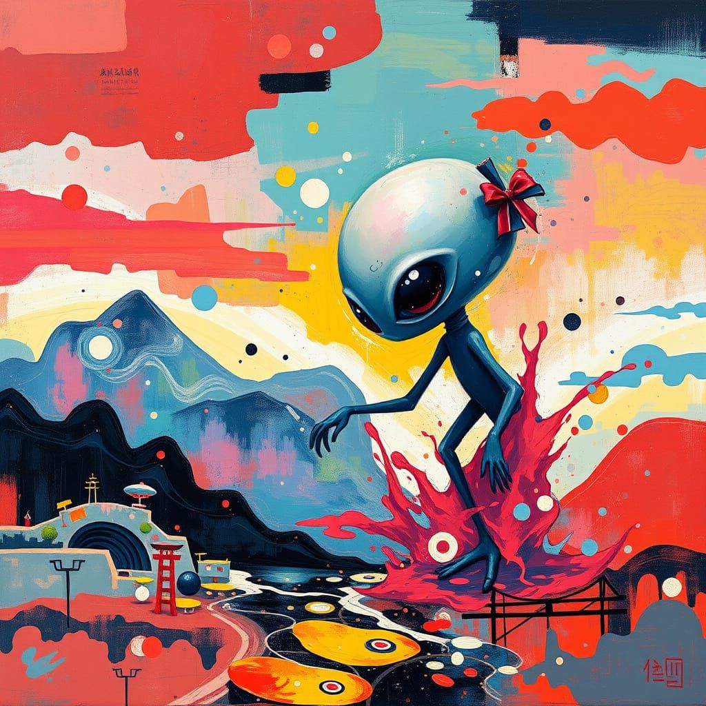 Alien Splashing in Vibrant Abstract Zen Art