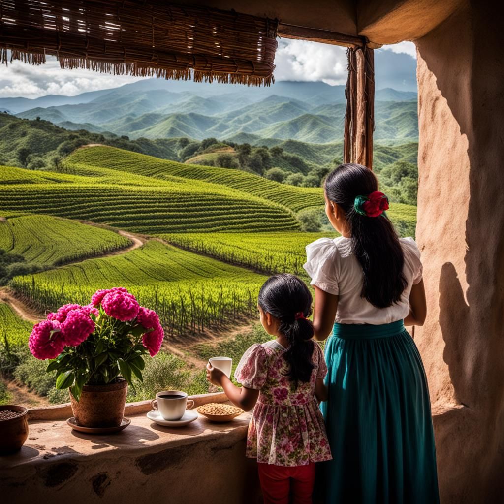 Mexican Mother and Daughter Admiring Coffee Fields