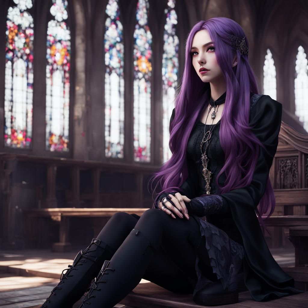 Gothic Woman in Abandoned Chapel, Anime Style