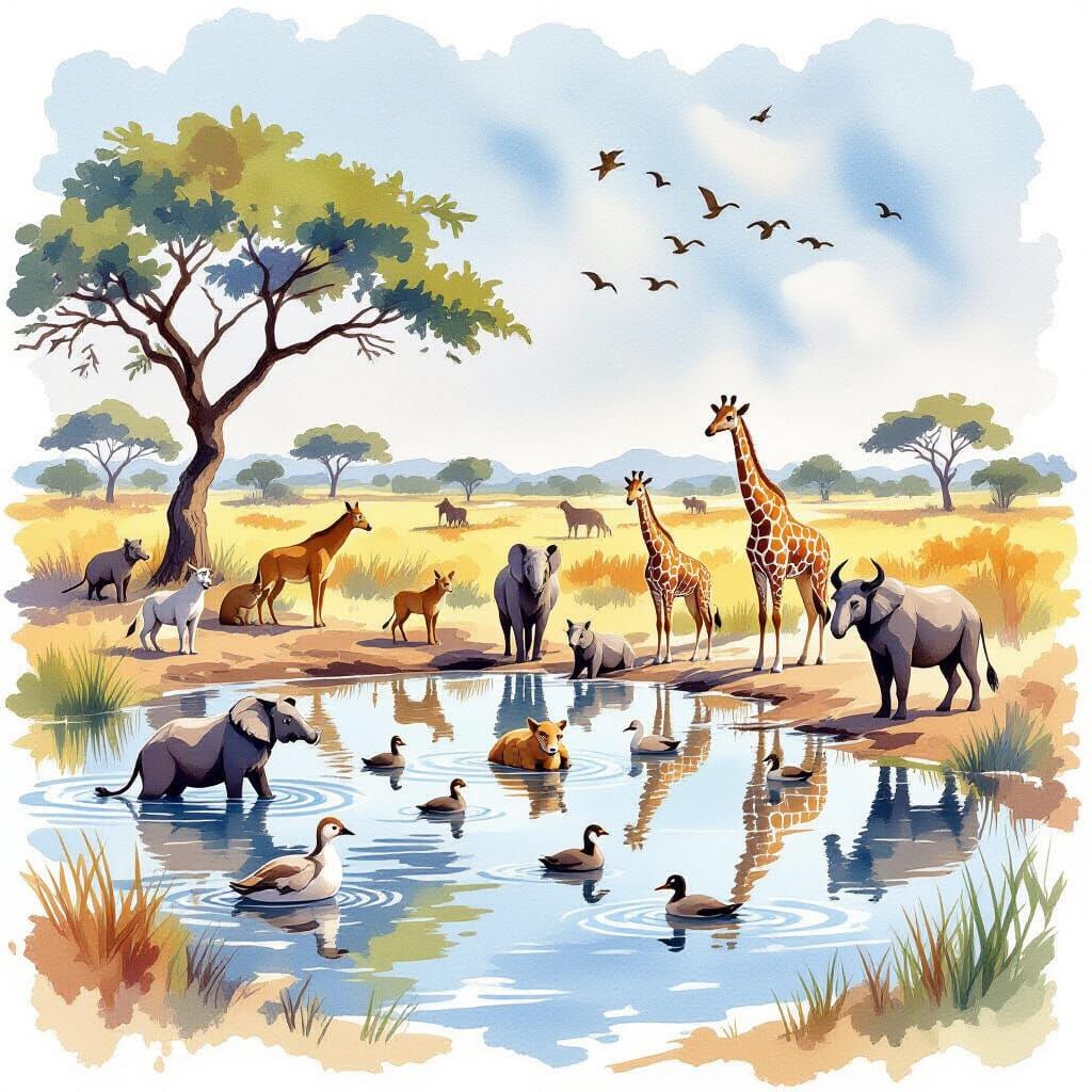 Lively African Watering Hole in Watercolor Alcohol Style