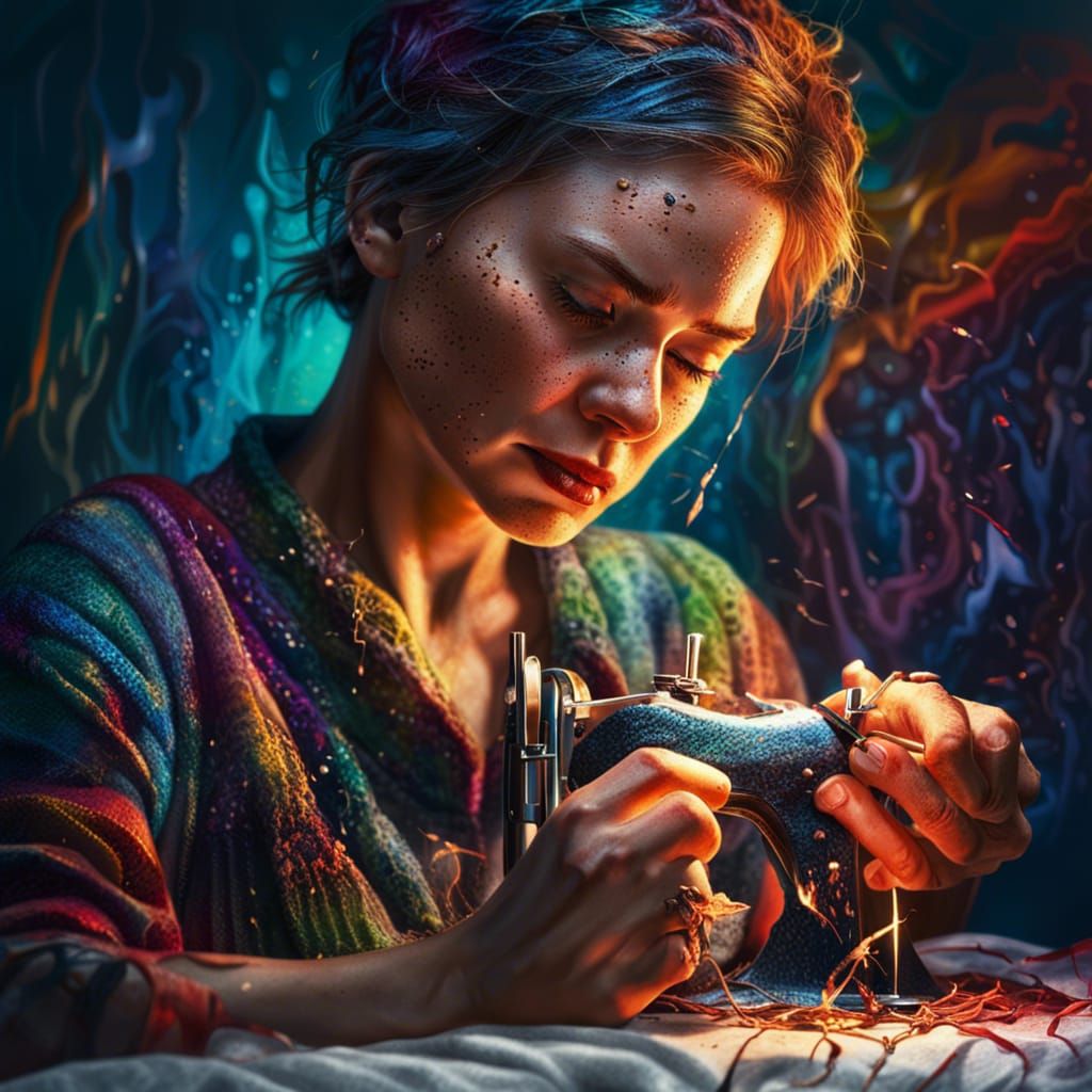 Woman Sewing Scar in Hyperrealistic Splash Art