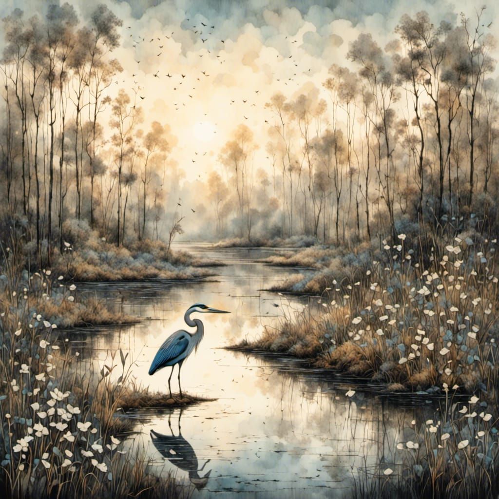 Heron in Peat Bog at Dawn