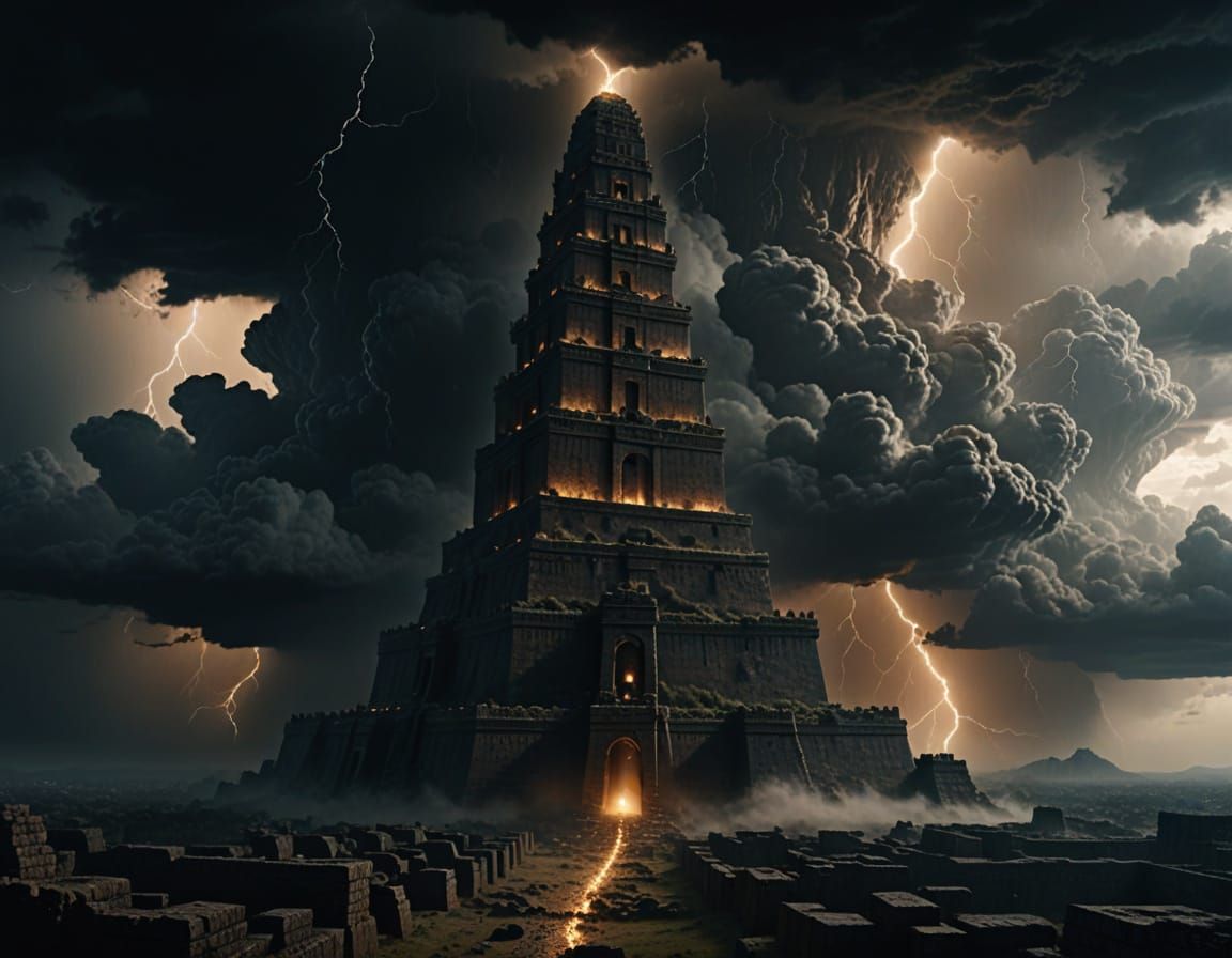 Epic Babylon Tower Amidst Thunderstorms